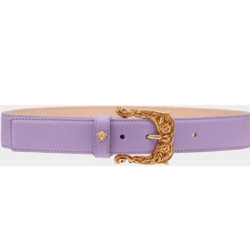 VERSACE Baroque Medusa Leather Belt Purple Gold Sz 95 / 38 Designer Luxury